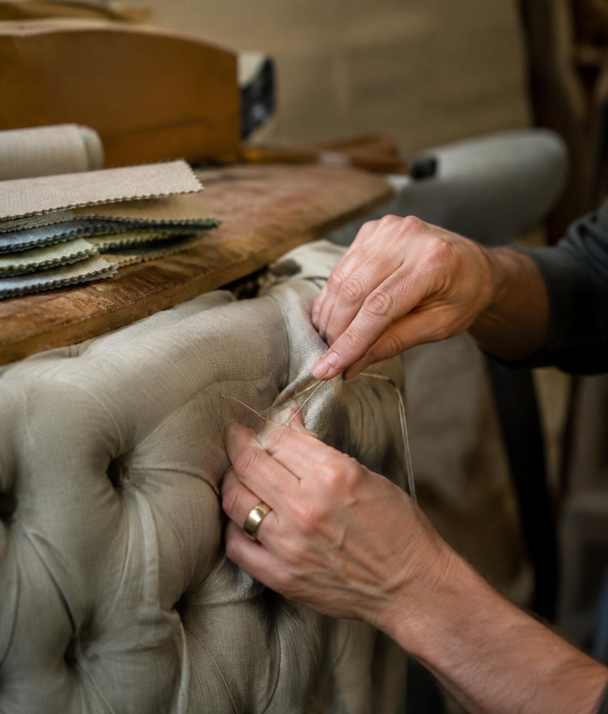 Upholsterer hand-tufting a headboard